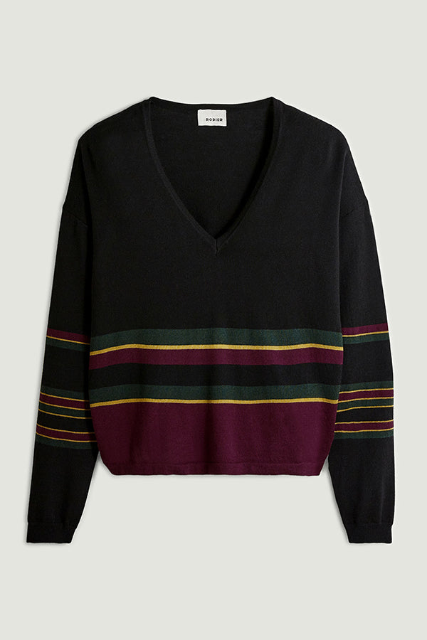 BLACK STRIPED MERINO WOOL V-NECK SWEATER