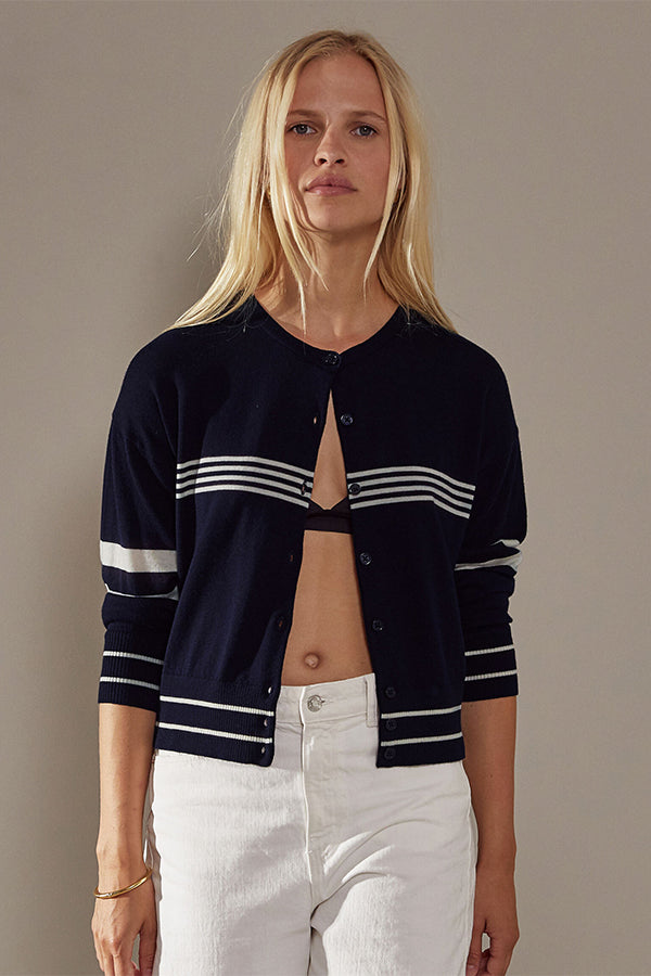 NAVY BLUE STRIPED MERINO WOOL CARDIGAN