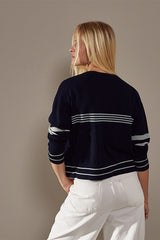 NAVY BLUE STRIPED MERINO WOOL CARDIGAN