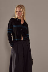 BLACK STRIPED MERINO WOOL CARDIGAN