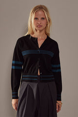 BLACK STRIPED MERINO WOOL CARDIGAN