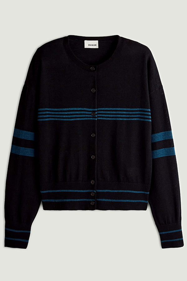 BLACK STRIPED MERINO WOOL CARDIGAN