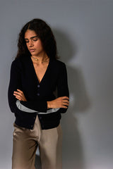 NAVY BLUE BICOLOR RIBBED MERINO WOOL CARDIGAN