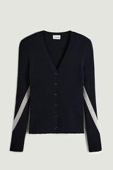 NAVY BLUE BICOLOR RIBBED MERINO WOOL CARDIGAN