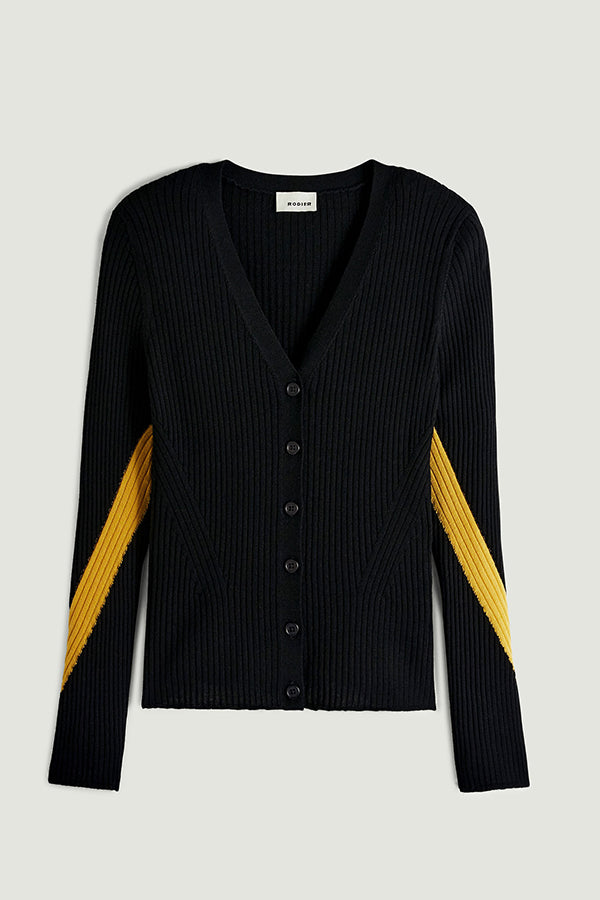 BLACK BICOLOR RIBBED MERINO WOOL CARDIGAN