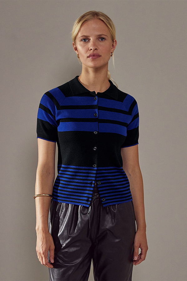 BLACK STRIPED MERINO WOOL SHORT-SLEEVED POLO SWEATER