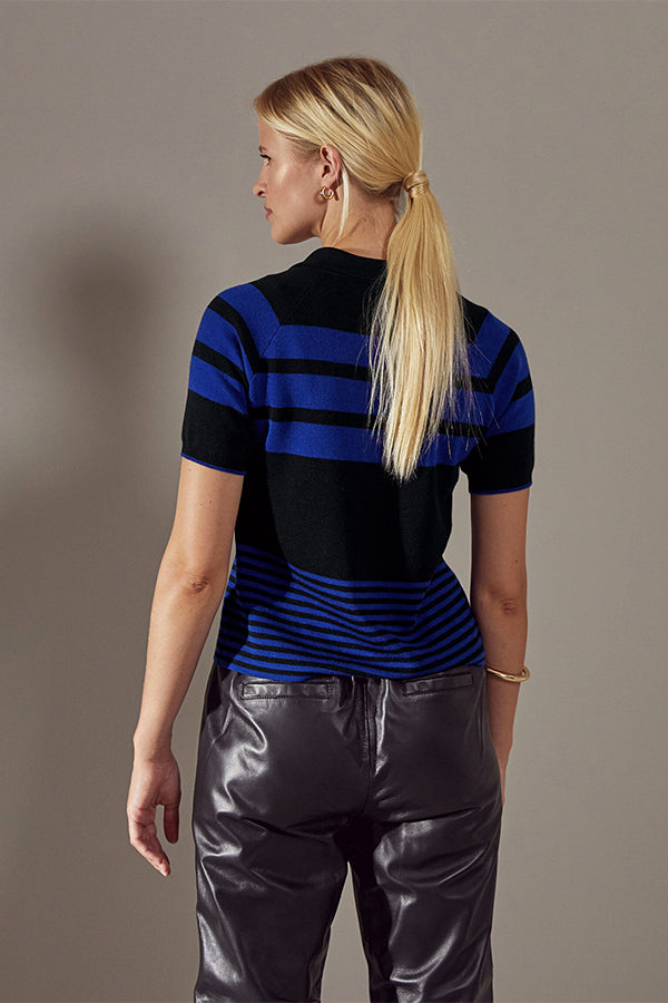 BLACK STRIPED MERINO WOOL SHORT-SLEEVED POLO SWEATER