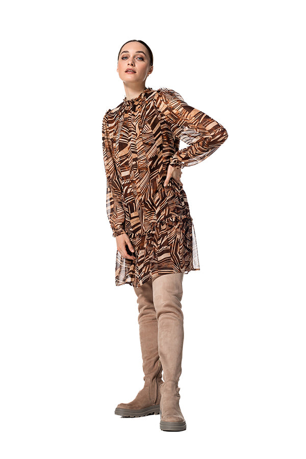 BROWN GRAPHIC PRINT STRAIGHT FLOWING DRESS