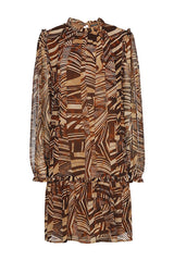 BROWN GRAPHIC PRINT STRAIGHT FLOWING DRESS