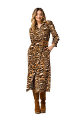 BROWN GRAPHIC PRINT LOOSE MIDI SHIRT DRESS