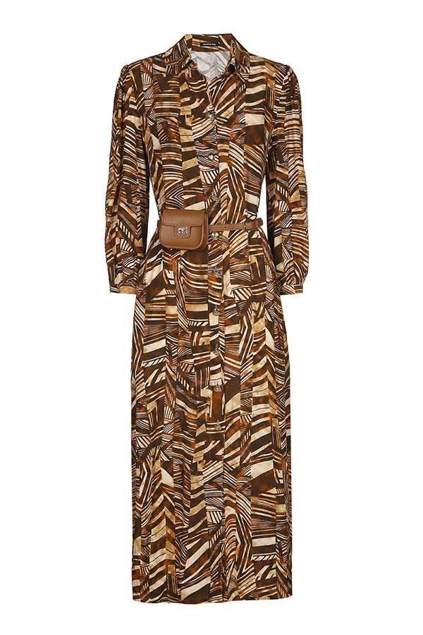 BROWN GRAPHIC PRINT LOOSE MIDI SHIRT DRESS