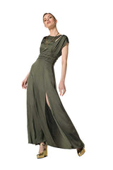 KHAKI SHINY VISCOSE MAXI DRESS