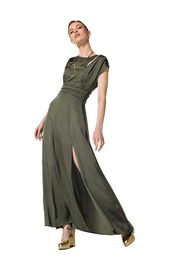 KHAKI SHINY VISCOSE MAXI DRESS