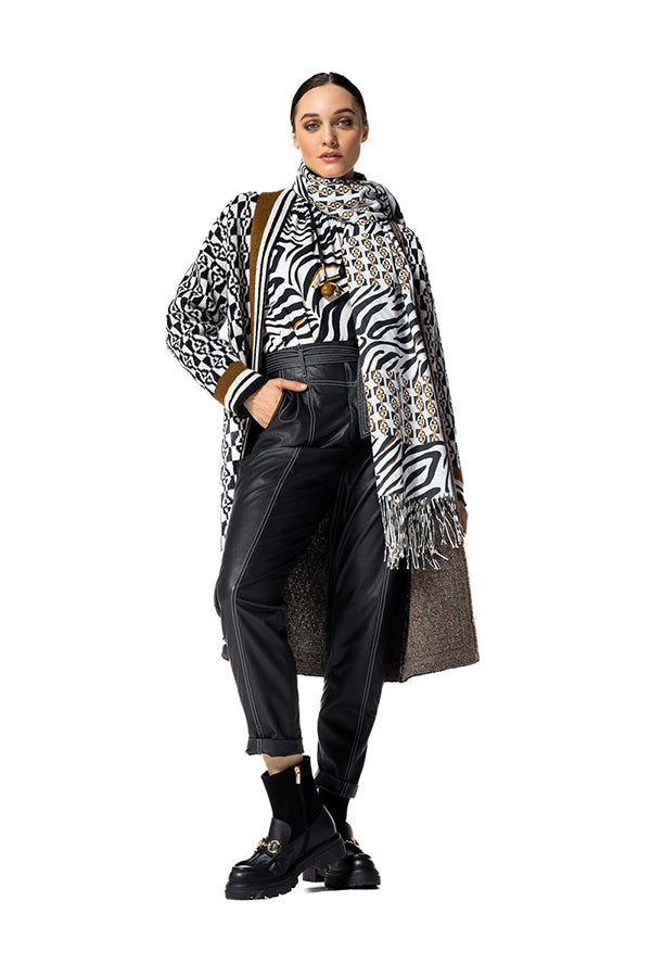 BLACK GEOMETRIC PRINT MID LENGTH LOOSE CARDIGAN