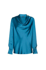 BLUE DRAPED SCOOP NECK SHINY TOP