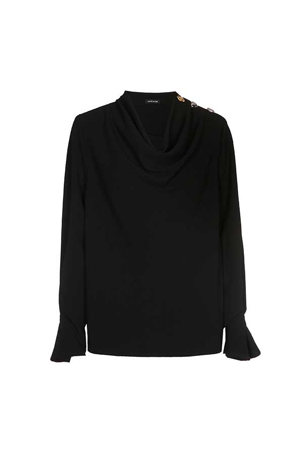 BLACK DRAPED SCOOP NECK LOOSE BLOUSE