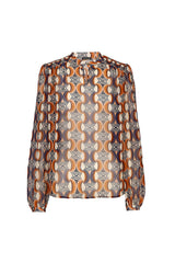 SEMI-SHEER BROWN GEOMETRIC PRINT LOOSE BLOUSE