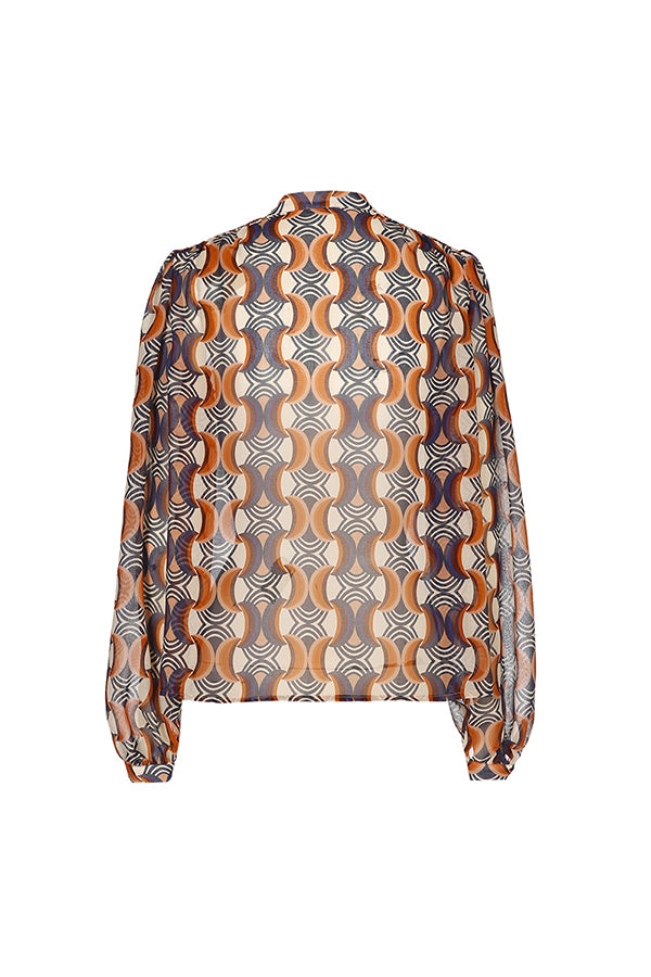 SEMI-SHEER BROWN GEOMETRIC PRINT LOOSE BLOUSE