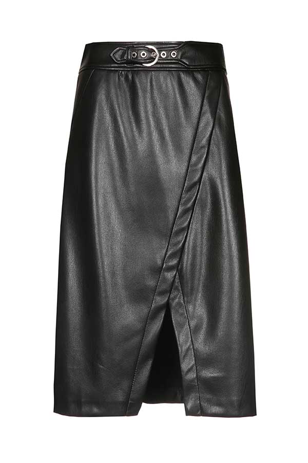 SHINY FAUX LEATHER ASYMMETRICAL STRAIGHT SKIRT