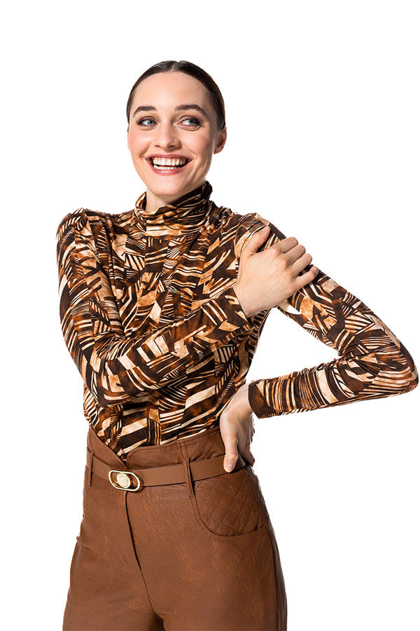 BROWN GRAPHIC PRINT JERSEY TURTLENECK