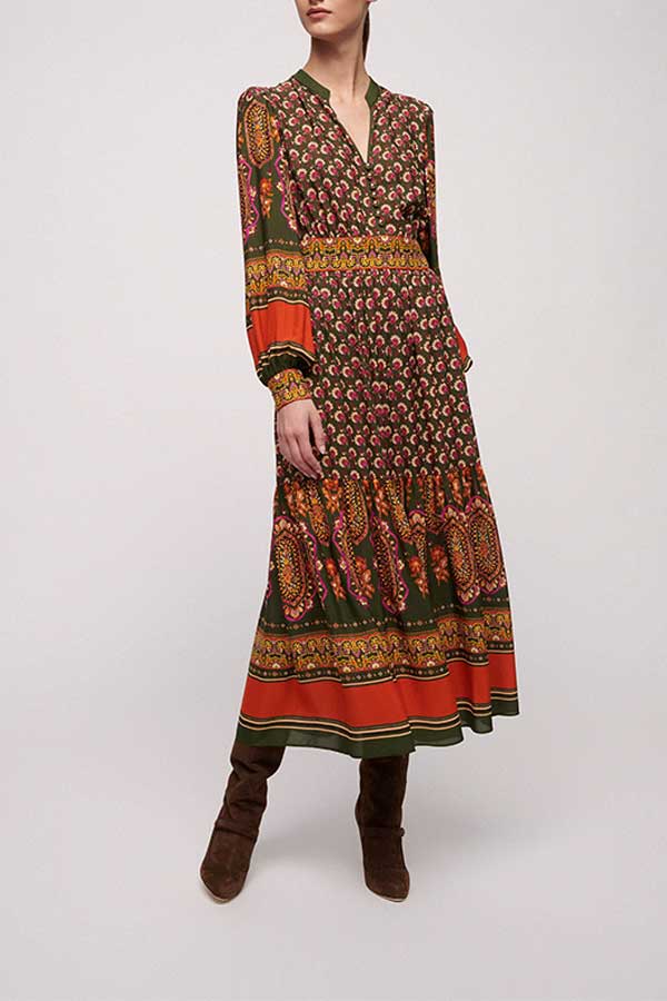 GEISHA GREEN PRINT LONG KAFTAN STYLE DRESS