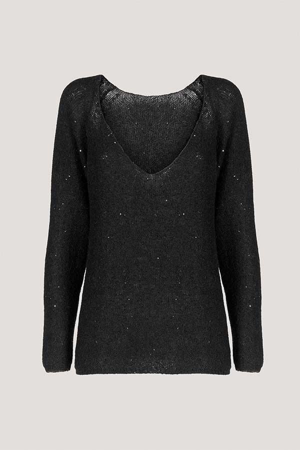 CONSORTE BLACK SEQUINNED V-NECK SWEATER