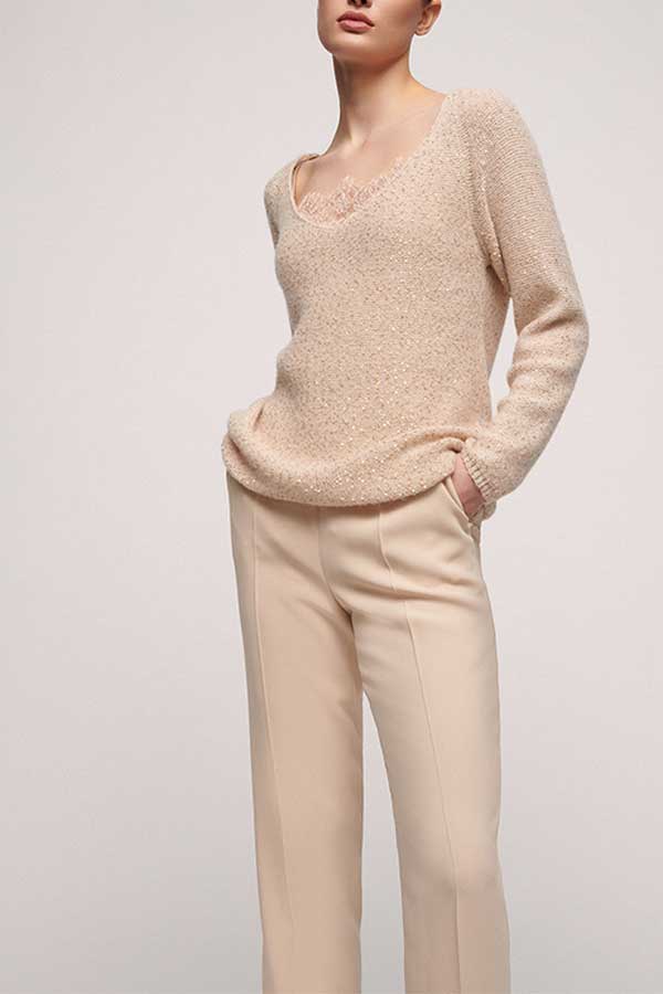 CONSORTE BEIGE SEQUINNED V-NECK SWEATER