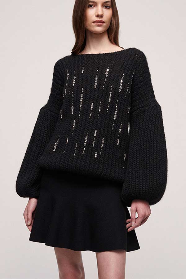 COMMENDA BLACK RHINESTONE BALLOON SLEEVES SWEATER