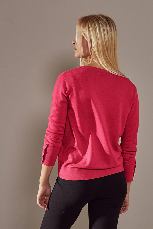 RASPBERRY PINK MERINO WOOL V-NECK SWEATER