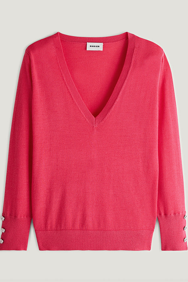 RASPBERRY PINK MERINO WOOL V-NECK SWEATER