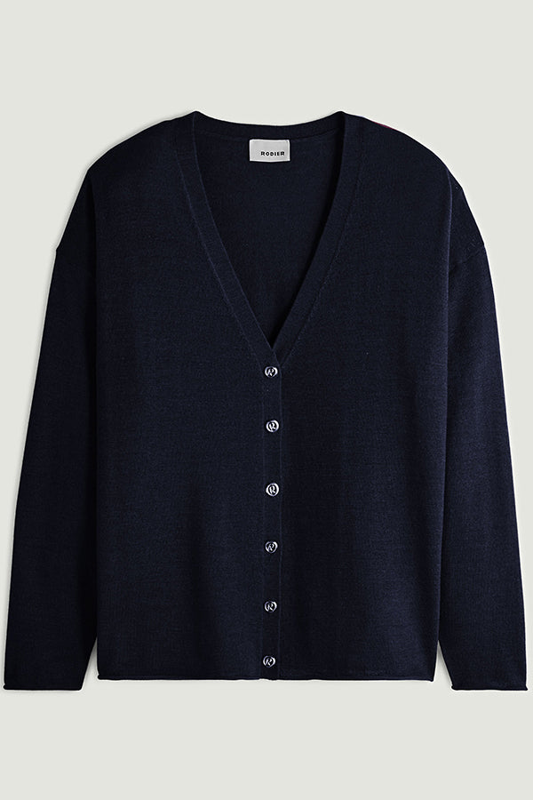 NAVY BLUE V-NECK MERINO WOOL CARDIGAN