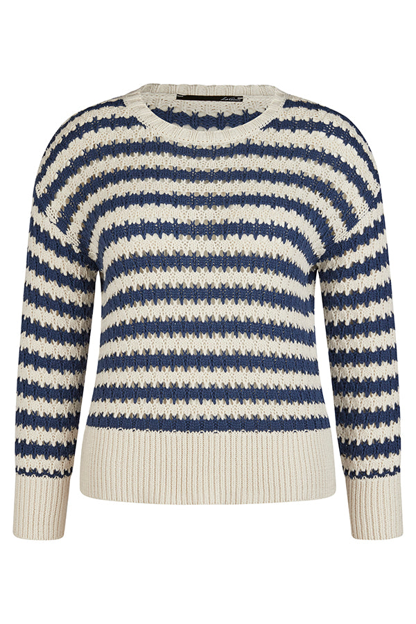 NAVY STRIPED CROCHET SWEATER