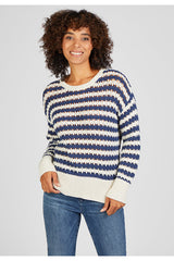 NAVY STRIPED CROCHET SWEATER