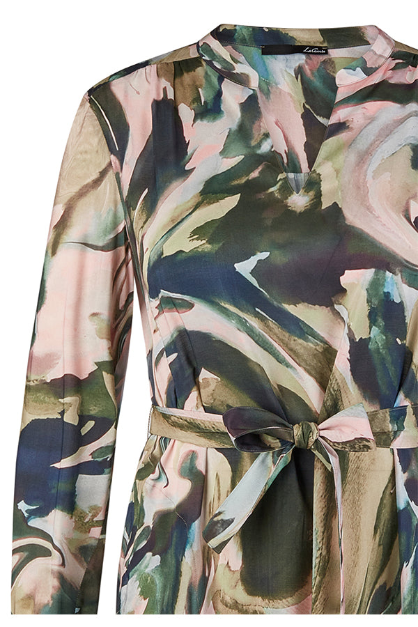 OLIVE ABSTRACT PRINT BELTED DRESS