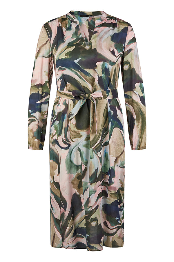 OLIVE ABSTRACT PRINT BELTED DRESS