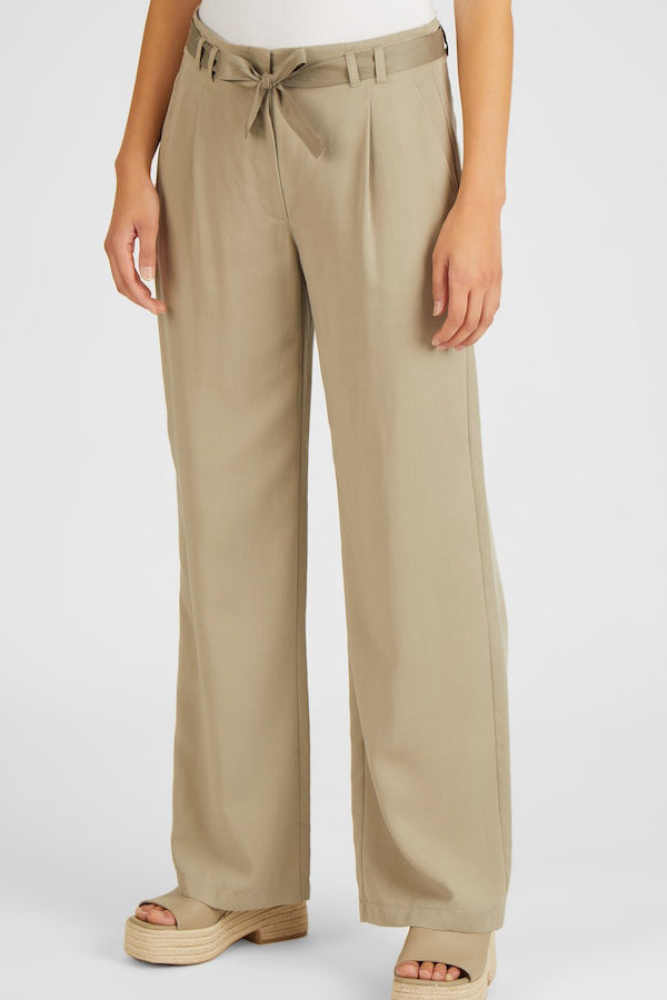 BEIGE LYOCELL BELTED TROUSERS