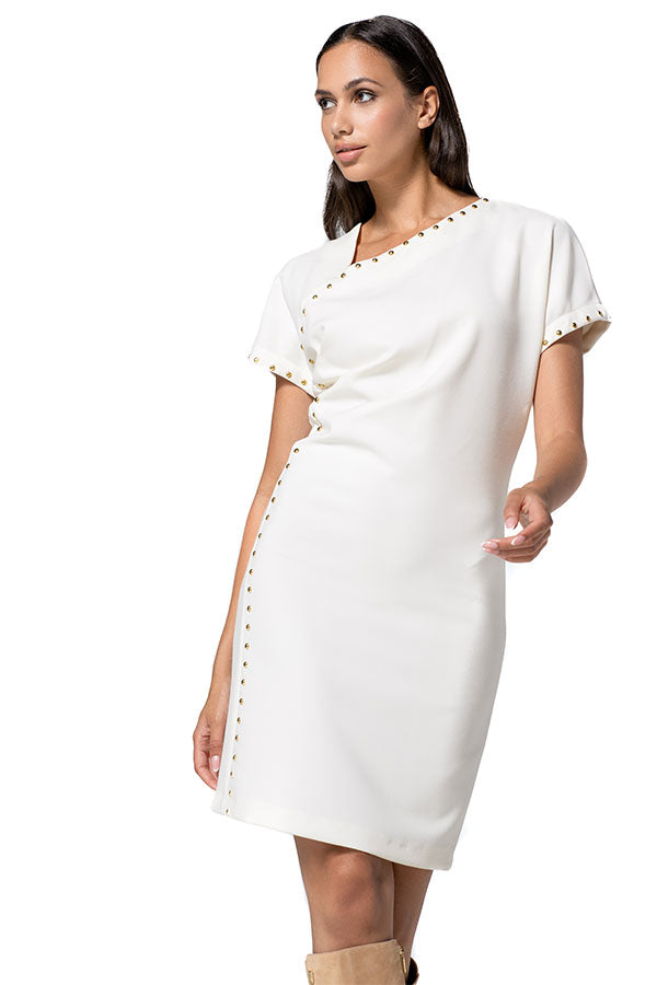 CREAM ASYMMETRICAL STUDDED STRETCH DRESS