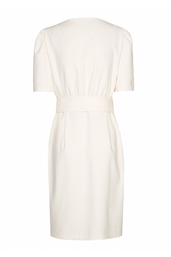 CREAM BELTED FITTED DRESS