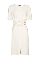 CREAM BELTED FITTED DRESS