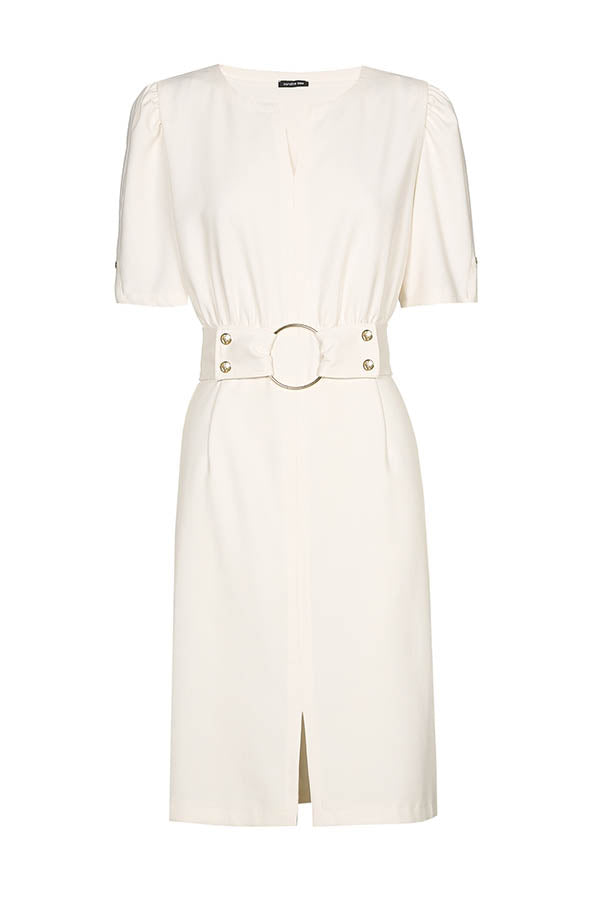 CREAM BELTED FITTED DRESS