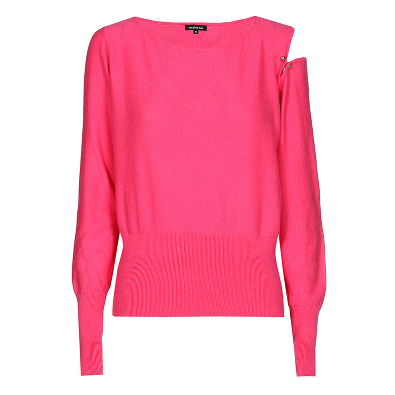 HOT PINK CUT-OUT SHOULDER ROUND NECK PULLOVER