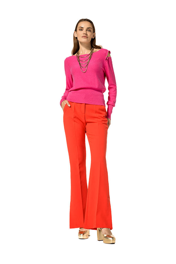 HOT PINK CUT-OUT SHOULDER ROUND NECK PULLOVER