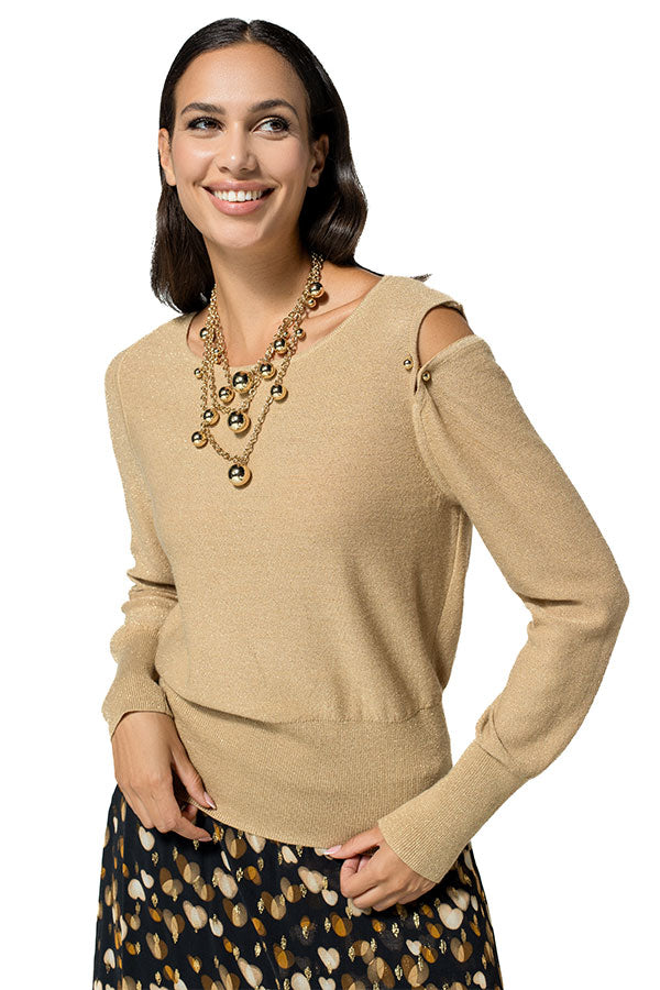 GOLD CUT-OUT SHOULDER ROUND NECK PULLOVER