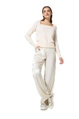 BEIGE STUDDED RECTANGULAR NECK PULLOVER