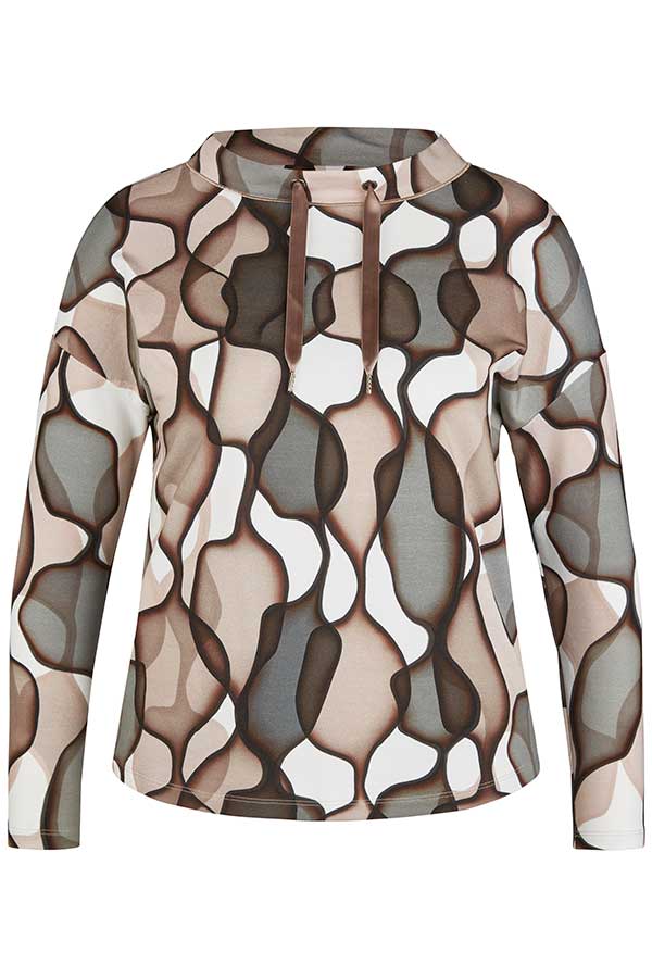 BROWN ABSTRACT PRINT DRAWSTRING T-SHIRT