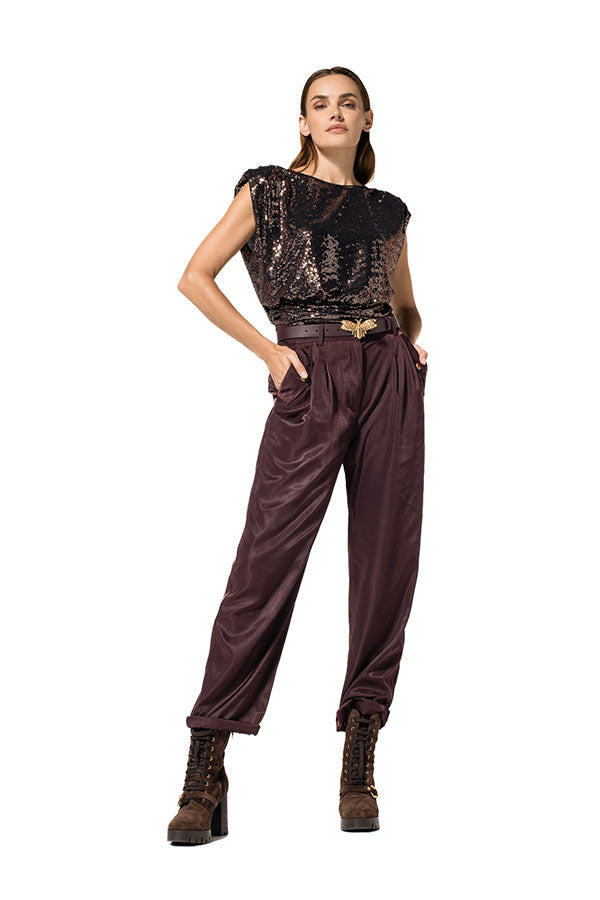 AUBERGINE SHINY CARGO TROUSERS