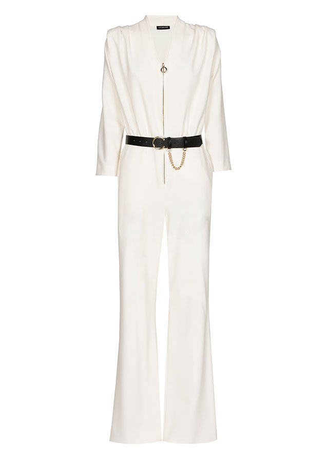 CREAM V-NECK ZIPPED JUMPSUIT