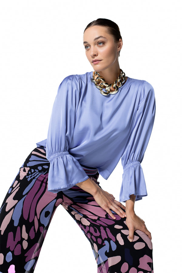 SHINY TRUMPET SLEEVE DRESSY BLOUSE