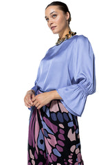 SHINY TRUMPET SLEEVE DRESSY BLOUSE