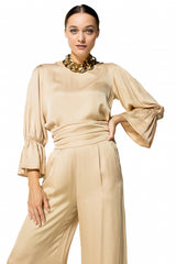 SHINY TRUMPET SLEEVE DRESSY BLOUSE